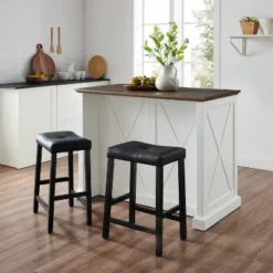 Clifton Kitchen Island With Upholstered Saddle Stools Distressed White/Black - Crosley -Baxton Studio Shop GUEST c192a615 fc9b 492a 93e9 ab2419cdb5dd