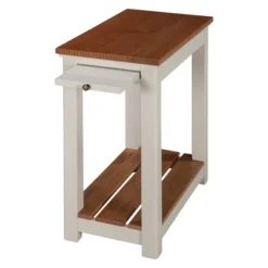 Savannah Chairside End Table With Pull Out Shelf Ivory With Natural Wood Top - Bolton Furniture