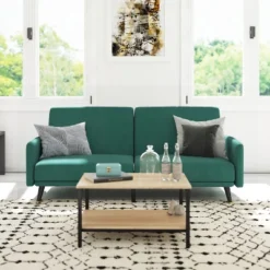 Emma And Oliver Premium Padded Upholstered Split Back Sofa Futon With Vertical Channel Tufting And Wooden Legs