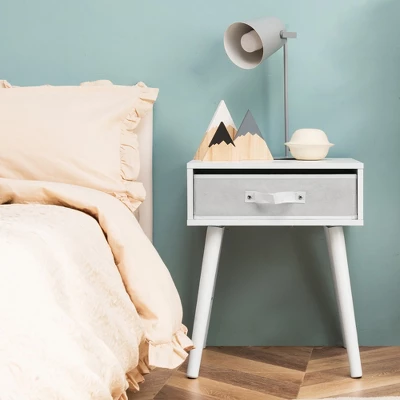 Costway Mid-Century Nightstand End Accent Bedside Table W/ Fabric Drawer Rustic White 2 Costway Mid-Century Nightstand End Accent Bedside Table W/ Fabric Drawer Rustic White - Image 2