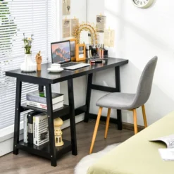 Tangkula Trestle Computer Desk Indoor Office Workstation For Home Office With 2-Tier Storage Shelves -Baxton Studio Shop GUEST d14dcf1f 26bf 4c12 9a59 e352948c871d