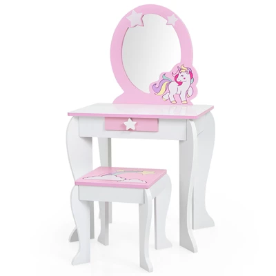 Tangkula 2-in-1 Kids Vanity Set Makeup Table & Chair Set For Toddlers W/Detachable Mirror Pink/White 5 Tangkula 2-in-1 Kids Vanity Set Makeup Table & Chair Set For Toddlers W/Detachable Mirror Pink/White - Image 5