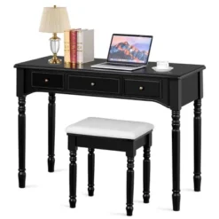 Tangkula 7 Drawers Tri-Folding Vanity Mirror Makeup Dressing Table Set W/ Necklace Hook