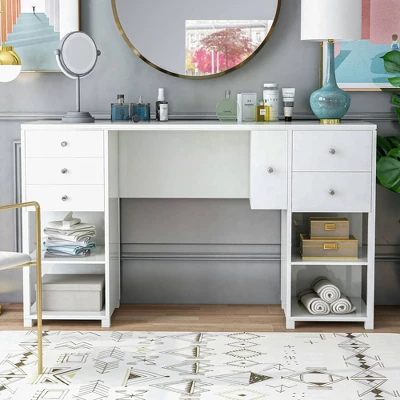 Linsell Glam 6 Drawer Vanity Table Luminous White - MiBasics 1 Linsell Glam 6 Drawer Vanity Table Luminous White - MiBasics