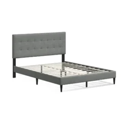 Glenwillow Home Kaya Upholstered Platform Bed, Buttonless Tufting, Mattress Foundation, Wood Slat Support, No Box Spring Needed, Stone, Queen