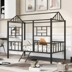Twin Size Metal House Bed Frame With Slatted Support-ModernLuxe -Baxton Studio Shop GUEST d487e8f0 6bde 42dc 857b f7db8fdfcfd9