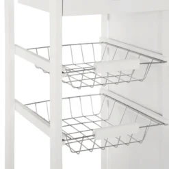 HOMCOM 28" Rolling Kitchen Trolley Serving Cart Storage Cabinet Bamboo Top With Wire Basket & Door Cabinet & Drawers, White -Baxton Studio Shop GUEST d5c780cf b4a7 468b 8b30 6c453c5686fd