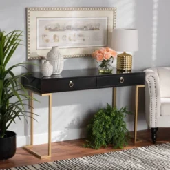 Beagan Wood And Metal 2 Drawer Console Table Black/Gold - Baxton Studio