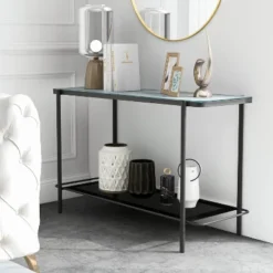 Avalan Glass Top Contemporary Sofa Table Black Coating/White - MiBasics