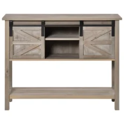 HOMCOM Farmhouse Style Console Table With Sliding Barn Doors And 4 Open Storage Compartments And Elevated Base, Gray -Baxton Studio Shop GUEST da6e1032 162e 453d a0c4 dcd7cb0c2b93