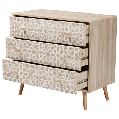 Beau Two-Tone Wood 3 Drawer Storage Cabinet White/Natural Brown - Baxton Studio 2 Beau Two-Tone Wood 3 Drawer Storage Cabinet White/Natural Brown - Baxton Studio - Image 2