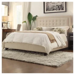 Queen Hudson Button Tufted Platform Bed With High Footboard Oatmeal - Inspire Q