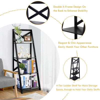 2 Pcs 4-Tier Ladder Shelf Bookshelf Bookcase Storage Display Leaning Home Office 5 2 Pcs 4-Tier Ladder Shelf Bookshelf Bookcase Storage Display Leaning Home Office - Image 5
