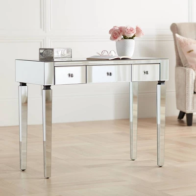 Studio 55D Thea Modern Mirrored Rectangular Desk 39 1/2" X 18" With 3-Drawer Silver Faceted Crystal Knobs For Living Room Bedroom Bedside Entryway 1 Studio 55D Thea Modern Mirrored Rectangular Desk 39 1/2" X 18" With 3-Drawer Silver Faceted Crystal Knobs For Living Room Bedroom Bedside Entryway