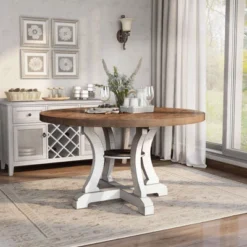 Lexin Round Dining Table Antique White/Dark Oak - MiBasics