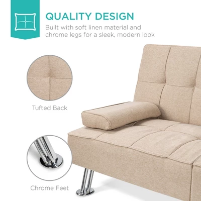 Best Choice Products Modern Linen Convertible Futon Sofa Bed W/ Removable Armrests, Metal Legs, Cupholders 4 Best Choice Products Modern Linen Convertible Futon Sofa Bed W/ Removable Armrests, Metal Legs, Cupholders - Image 4