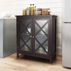 Costway Kitchen Buffet Sideboard Storage Cabinet W/Glass Doors & Adjustable Shelf WhiteBrown