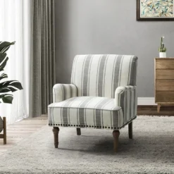Venere Bedroom Wooden Upholstered Armchair With Nailhead Trim And Unique Stripe Design | ARTFUL LIVING DESIGN -Baxton Studio Shop GUEST e787340c aa84 4536 8e50 90f677db0558
