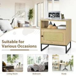 Costway 2PCS Nightstand W/ Cabinet Wooden Side End Table Rattan Decorated Door Oak -Baxton Studio Shop GUEST ea7687e2 0870 4d2f 878b 1903a2dce338