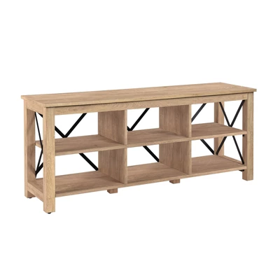 58" Open Back TV Stand In White Oak Wood With Metal Black Accents - Henn&Hart 2 58" Open Back TV Stand In White Oak Wood With Metal Black Accents - Henn&Hart - Image 2