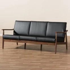 Venza Mid-Modern Walnut Wood Faux Leather 3 Seater Sofa Black - Baxton Studio -Baxton Studio Shop GUEST f16218f9 5a18 4a1a a1dd 412e20eb8d76