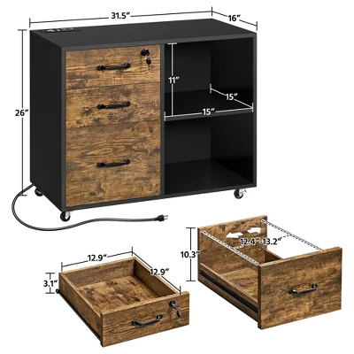 Yaheetech 3-Drawer Vintage File Cabinet With Socket And USB Charging Port Black/Rustic Brown 2 Yaheetech 3-Drawer Vintage File Cabinet With Socket And USB Charging Port Black/Rustic Brown - Image 2