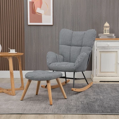 HOMCOM Glider Rocker With Ottoman Set, Houndstooth Nursery Rocking Chair, Upholstered Wingback Armchair For Living Room And Bedroom 2 HOMCOM Glider Rocker With Ottoman Set, Houndstooth Nursery Rocking Chair, Upholstered Wingback Armchair For Living Room And Bedroom - Image 2