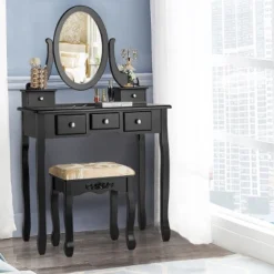 Tangkula Vanity Table Set W/ 360° Rotating Oval Mirror & Drawers Black/White