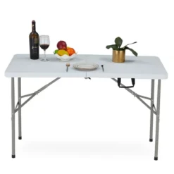 JOMEED UP042 4 Foot Long Portable Plastic Folding Multipurpose Utility Picnic Table With Powder Coated Steel Legs And Built In Carry Handle, White