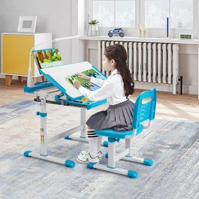 Costway Height Adjustable Kids Study Table And Chair Set W/Bookstand & Light Pink/Light Blue 3 Costway Height Adjustable Kids Study Table And Chair Set W/Bookstand & Light Pink/Light Blue - Image 3