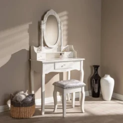 2pc Veronique White Finished Wood Vanity Table With Mirror And Ottoman White - Baxton Studio -Baxton Studio Shop GUEST f863a476 0be8 4088 944d 7ddd20db8cfa