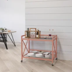 Merrick Lane Rolling Bar Cart Contemporary Kitchen Serving Cart With Mirrored Bottom Shelf And Crisscross Rose Gold Metal Frame