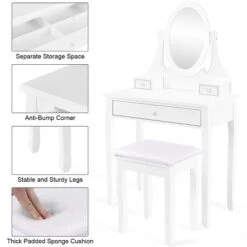 Costway Wooden Vanity Makeup Dressing Table Stool Set Bathroom White -Baxton Studio Shop GUEST fad2f098 7951 4625 976e 1e31df1f84df