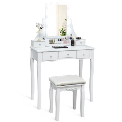 Tangkula LED Vanity Table Makeup Dresser Desk W/Drawers &Cushioned Stool Black/Brown/White 8 Tangkula LED Vanity Table Makeup Dresser Desk W/Drawers &Cushioned Stool Black/Brown/White - Image 8