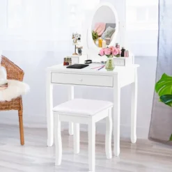 Costway Wooden Vanity Makeup Dressing Table Stool Set Bathroom White -Baxton Studio Shop GUEST fb9c5903 632d 4bf5 849b e88204c9045e