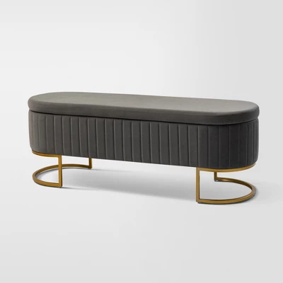 Nuria 50" Wide Modern Upholstered Flip Top Storage Bench With Golden Metal C-shaped Sled Legs For Living Room | ARTFUL LIVING DESIGN 1 Nuria 50" Wide Modern Upholstered Flip Top Storage Bench With Golden Metal C-shaped Sled Legs For Living Room | ARTFUL LIVING DESIGN