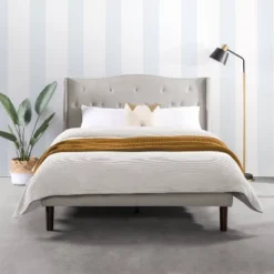Amabel Upholstered Platform Bed Modern Tufted Wingback Headboard Light Gray - Mellow