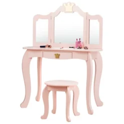 Costway Kids Makeup Dressing Table Chair Set Princess Vanity & Tri-folding Mirror -Baxton Studio Shop GUEST ffe0658f 6a08 4861 b745 2d750a7a2aa2